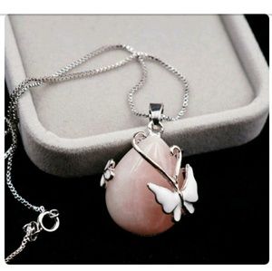 WGP rose quartz droplet butterfly necklace